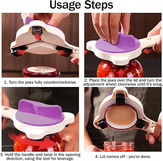 Adjustable Jar Opener for Weak Hands, 4-in-1 Multi-Function Manual Bottle Opener and Corkscrew Set for Seniors with Arthritis, Universal Lid Gripper Kitchen Gadget for All Jar Sizes(purple)