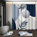 Boho Navy Blue and Grey Shower Curtain Set with Toilet Lid Cover and Non-Slip Rugs, Modern Minimalist Geometric Mid Century Abstract Leaf 4 Pcs Shower Curtain for Bathroom Set with 12 Hooks