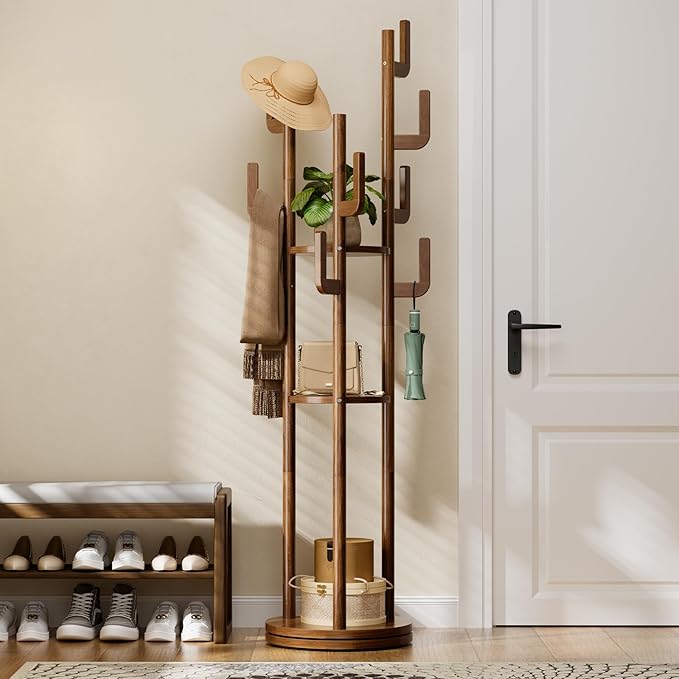 Yoobure Rotary Coat Rack Freestanding - Solid Wood Coat Tree with 9 hooks & 3 Storage Shelves for Purse, Bag, Jacket, Hat, Corner Hanger Stand Racks for Hall, Entryway, Office, Modern Clothes Holder