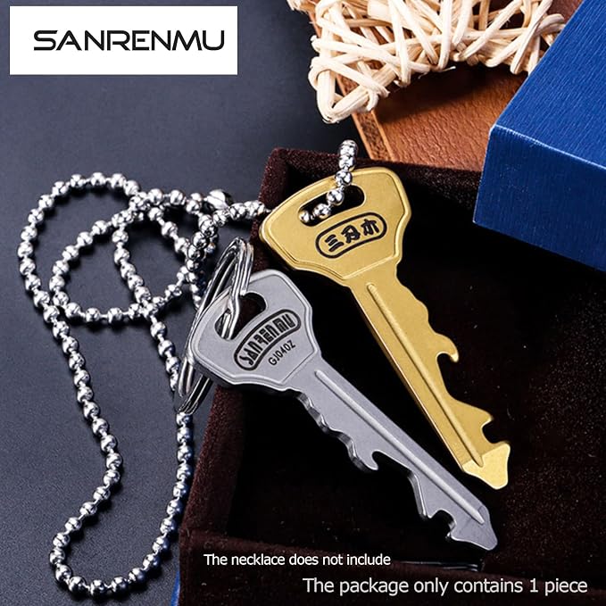 Sanrenmu Keychain GJ040 Pry Bar Multi Tool with Bottle Opener Screwdriver Wheel Spoke Wrench Function Stainless Steel Small Keychain (Gold)