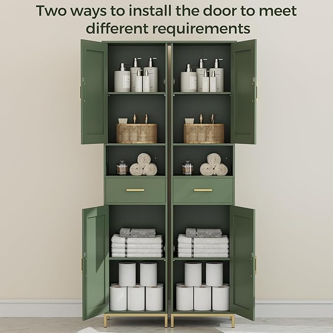 Homhedy 67" H Bathroom Storage Cabinet, Tall Storage Cabinet with Adjustable Shelves, Freestanding Cabinet with Doors and Drawer, Narrow Cabinet for Bathroom, Living Room, Kitchen, Dining Room, Green