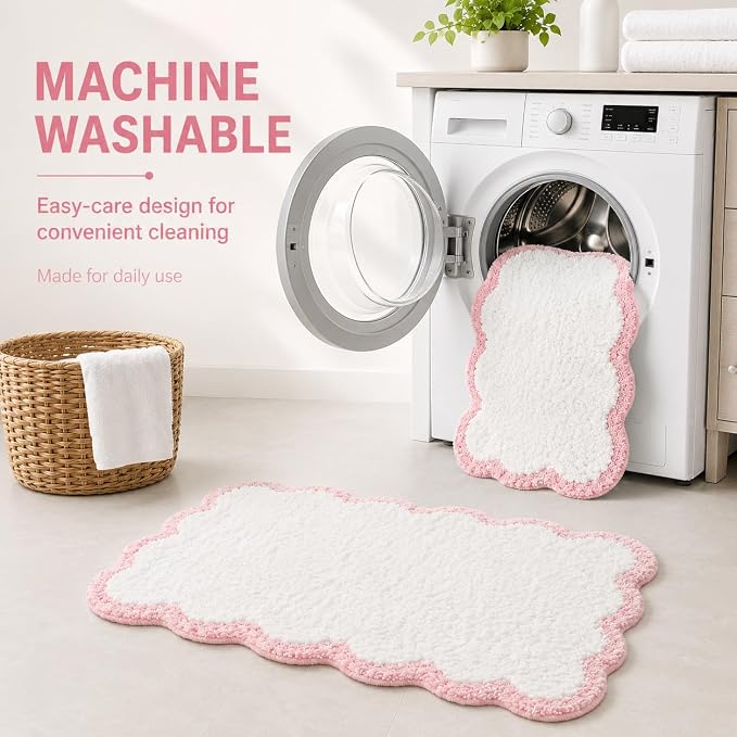 Scalloped Pink Bath Rug, Cute Bathroom Rug, Soft Absorbent Quick Dry Bath Mat, TPR Non Slip Backing, Microfiber Mat for Shower Tub Sink Vanity 20" x 31.5"