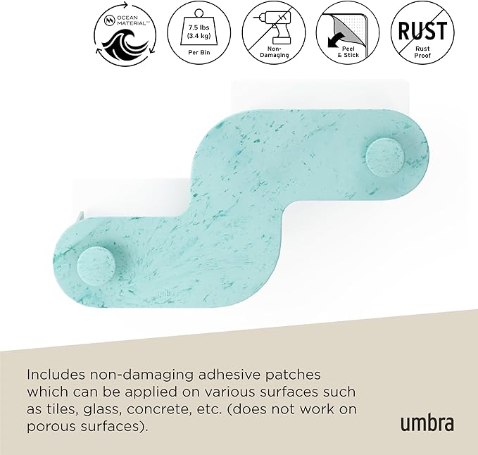 Umbra Nami Shower Caddy Set of 2 – Adhesive Shower Shelf, No Drill Wall Mounted Bathroom Organizer, Rust-Free Plastic Shower Storage Baskets for Shampoo & Toiletries, Ocean Blue