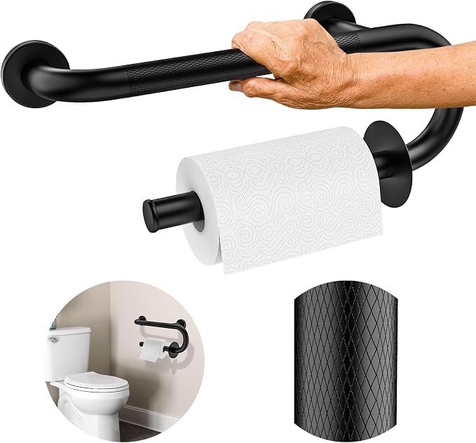 𝐔𝐩𝐠𝐫𝐚𝐝𝐞𝐝 Toilet Grab Bars 16 Inch - Toilet Paper Holder Grab Bar Stainless Steel Knurled Toilet Grab Bars for Seniors Bathtub Bathroom Rails for Elderly Bath Safety Balance Support, Black
