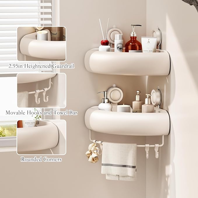 CICUFY Shower Caddy Suction Cup, 1 Pack No Drilling Corner Shower Shelves, Rust Proof Bathroom Storage Organizer, Shower Corner Caddy with Removable Hooks and Towel Bar, Triangle, Cream