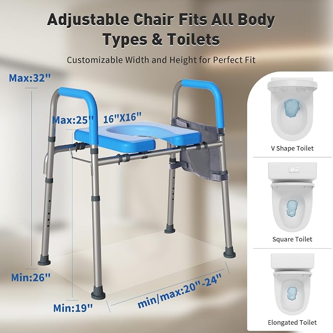 WHLICKS 500lbs Toilet Seat Risers with Handles, Padded Raised Toilet Seat for Seniors, Adjustable Height Toilet Riser, Handicap Elevated Seat, Fit Any Toilet, Blue