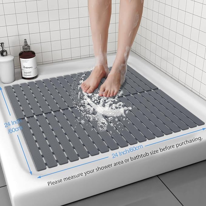 Shower Mat Non-Slip Bath Mat for Tub and Shower Stall,236 Suction Cups with Drain Holes, Quick Dry Machine Washable, Extra Grip for Stand Up Showers, Bathroom Essentials 24x24 Inch (Light Grey)