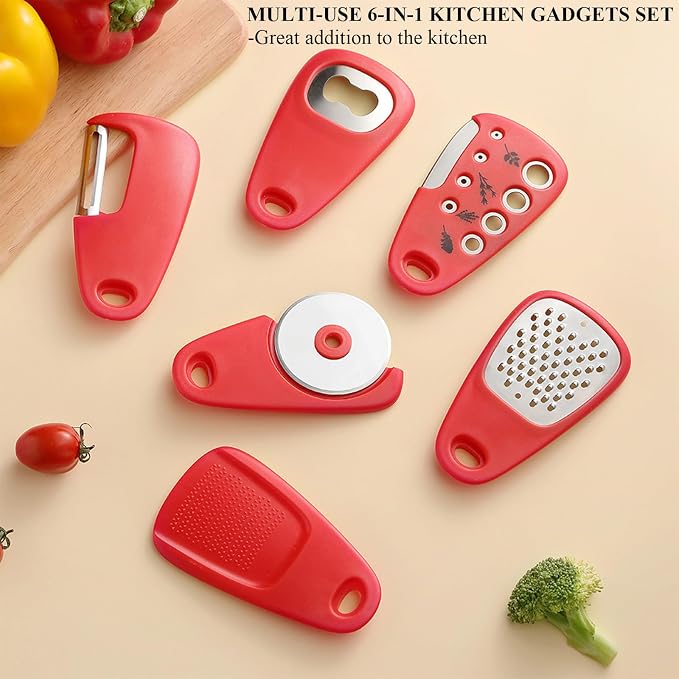 Kitchen Gadgets Set 6 Pieces, Space Saving Cooking Tools Kitchen Accessories-Garlic Grinder, Cheese Grater, Vegetable Peeler, Pizza Cutter, Herb Stripper, Bottle Opener, Gadgets Gift Set (Red)