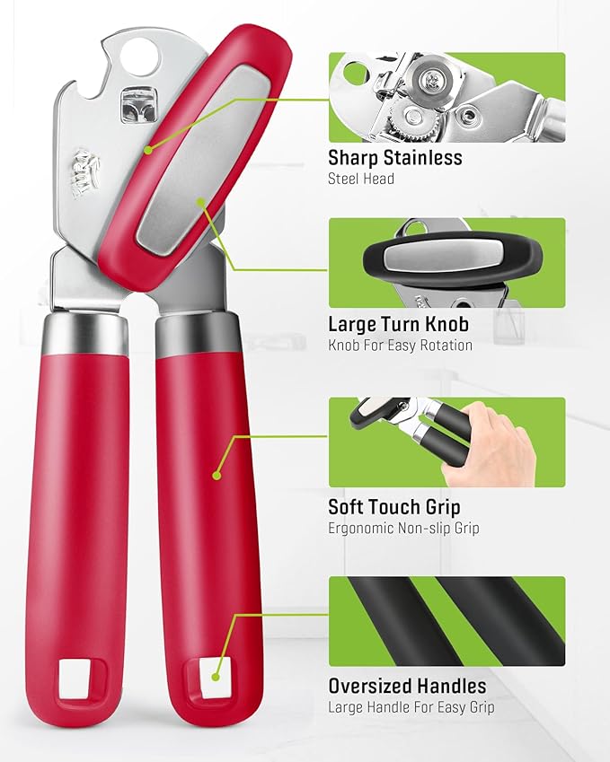 Multifunctional Can Opener Manual, Durable Heavy Duty Handheld Strong Can Opener with Smooth Cutting Edge, Friendly Kitchen Essentials Tool for Seniors, Camping and Bottle Opening-Red
