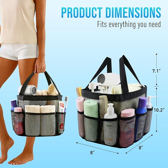 Mesh Shower Caddy Portable, Shower Tote Bag for Dorm Room Essentials, 8 Pockets Large Shower Basket for College Gym Beach Camping (1, Black)