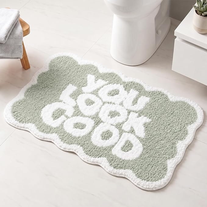 Scalloped Sage Green Bath Rug, You Look Good Cute Bathroom Rug, Soft Absorbent Quick Dry Bath Mat, TPR Non Slip Backing, Microfiber Mat for Shower Tub Sink Vanity 20" x 31.5"