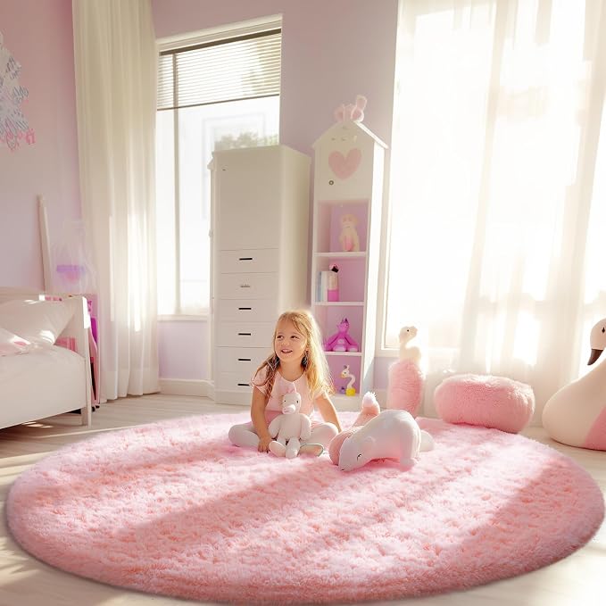 Ophanie Round Rugs 6Ft Pink Circle Area Rug, Fuzzy Bedroom Carpet, Large Shag Plush Floor Kawaii Christmas Living Room Rugs 6 Foot,Cute Room Decor for Kids Teen Girls Baby Home Aesthetic,Nursery