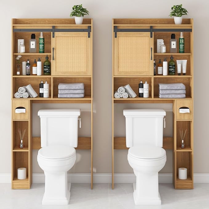 Vabches Over The Toilet Storage Cabinet, Farmhouse Rattan Storage Cabinet Over Toilet with Sliding Doors & Toilet Paper Holder Stand, Home Space-Saving Toilet Rack, for Bathroom, Laundry(Rattan Oak).