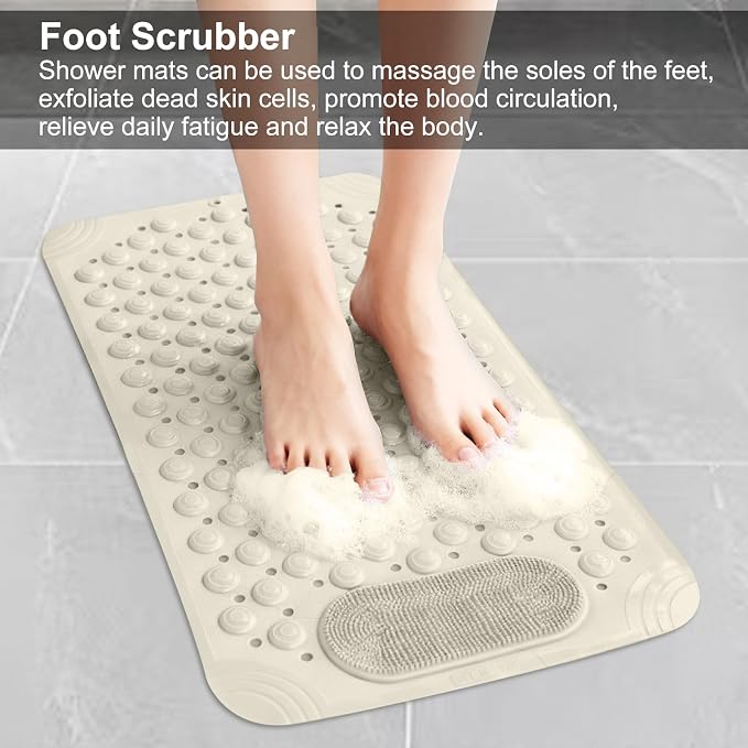 Bathtub Mat 27x14 inch Non Slip Shower Mat with Suction Cups, Anti Slip Shower Mat with Drain Holes Foot Scrubber, Machine Washable Bath Tub Shower StallMat (Khaki)