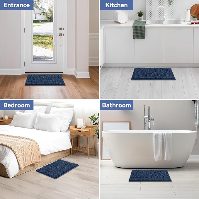 Bcoimo 24"×17" Chenille Bath Mat – Non-Slip with Backing Bath Rug Ultra-Absorbent and Machine Washable Bathroom Mat Quick-Dry Design. Ideal for Bathroom and Tub Areas
