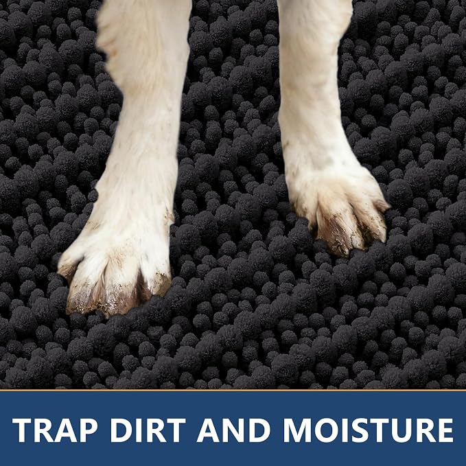 Smiry Dog Door Mat for Muddy Paws 36x24, Absorbent Dirt Trapper, Non-Slip Washable Chenille Entryway Rug for Inside Floor, Black, Layered Pattern