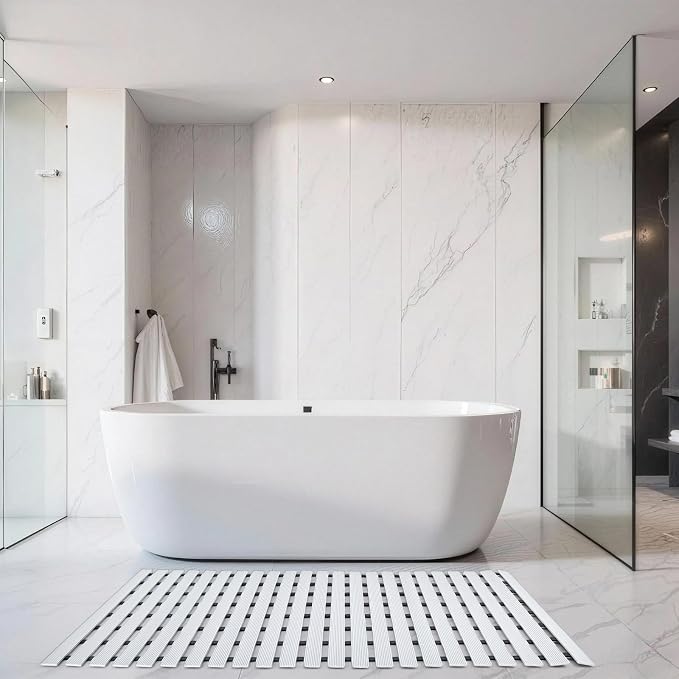 White Weighted Non Slip Bathtub Mat Without Suction Cups,Textured TPE Bath Mat for Textured Tub & Shower Surfaces,Doesn't Float, Works on Tile and Stone(33.8”x 17”)