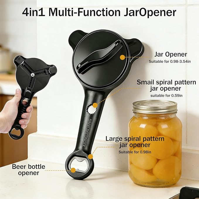 Adjustable Jar Opener for Weak Hands, 4-in-1 Multi-Function Manual Bottle Opener and Corkscrew Set for Seniors with Arthritis, Universal Lid Gripper Kitchen Gadget for All Jar Sizes (Black)