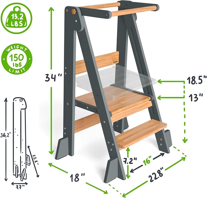 OCODILE Adjustable Foldable Toddler Tower – Folding Tower for Kids | Montessori Toddler Kitchen Step Stool Helper for Independence - Gray