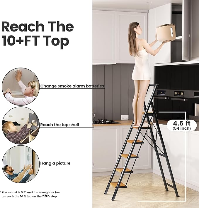 SOLADDER 6 Step Ladder for 12 Ft High Ceiling, Folding Step Stool with Handgrip & Anti-Slip Wide Pedal, Portable Aluminum Stepladder for Kitchen, Home (300 lbs Capacity) - Black+Wood Grain
