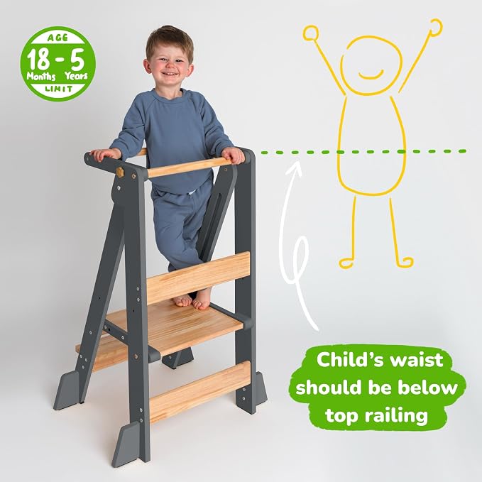 OCODILE Adjustable Foldable Toddler Tower – Folding Tower for Kids | Montessori Toddler Kitchen Step Stool Helper for Independence - Gray