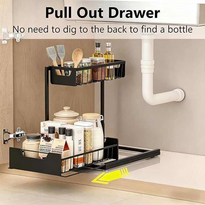 Ceetug Under Kitchen Sink Organizers and Storage Pull Out 2 Tier Metal Bathroom Cabinet Organizer (Black, 1 Pack)