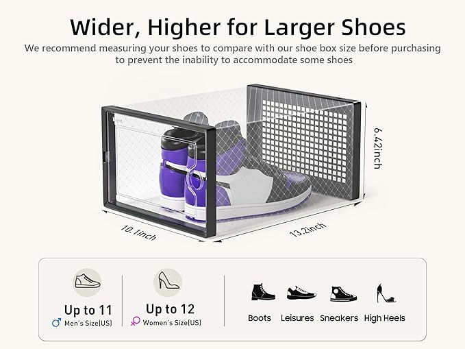 Kuject X-Large Shoe Storage Boxes Organizers Clear Plastic Stackable 12 Pack, Shoe Rack & Holder Substitute, Sneaker Containers, Toy Storage Organizer Bins for Entryway, Closet, Under Bed, Black