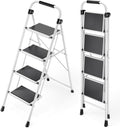 KINGRACK Step Ladder 4 Step Folding Step Stool for Adults with Handrails Heavy Duty Steel Sturdy Lightweight Collapsible Portable Step Ladder with Anti-Slip Wide Pedal,White