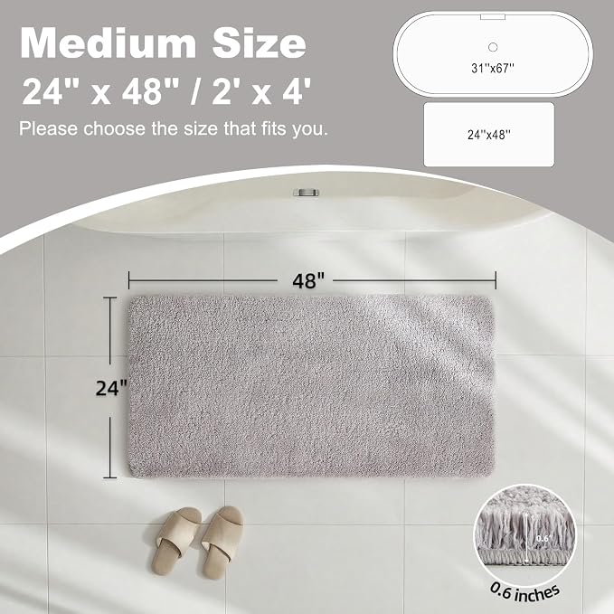 TYUU Bathroom Rugs Non Slip Washable, Ultra Soft Super Absorbent Quick Dry Small Bath Mat with Rubber Backing for Bathroom Floor, Shower, or Sink, Light Grey 24" x 48"