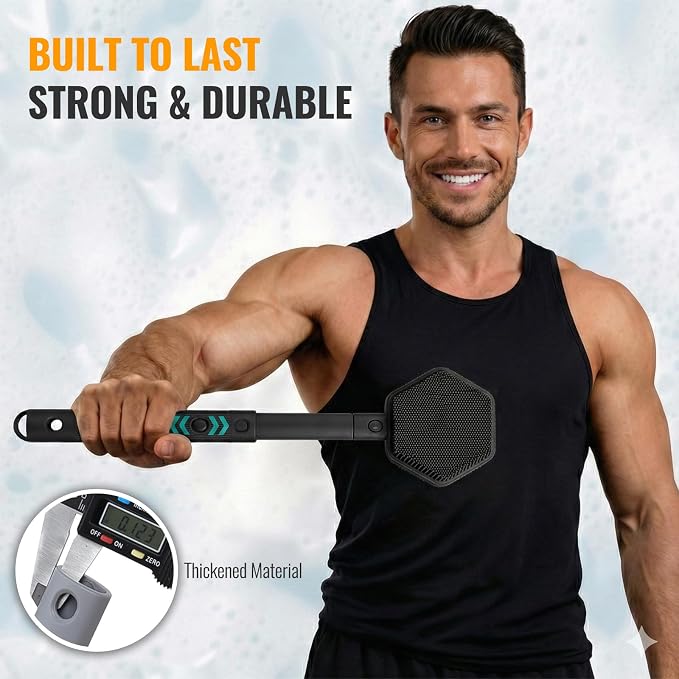 AIMAIAIMAI Silicone Back Scrubber for Shower – 21in Extendable Shower Brush with Long Handle – Dual-Sided Back Brush with Non-Slip Grip, Gentle Cleansing & Exfoliation for Men, Women, Elderly (Black)