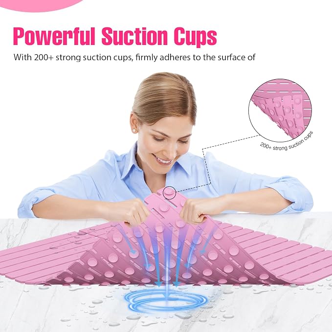 Shower Mat Non-Slip Bath Mat for Tub and Shower Stall,236 Suction Cups with Drain Holes, Quick Dry Machine Washable, Extra Grip for Stand Up Showers, Bathroom Essentials 24x24 Inch (Pink)