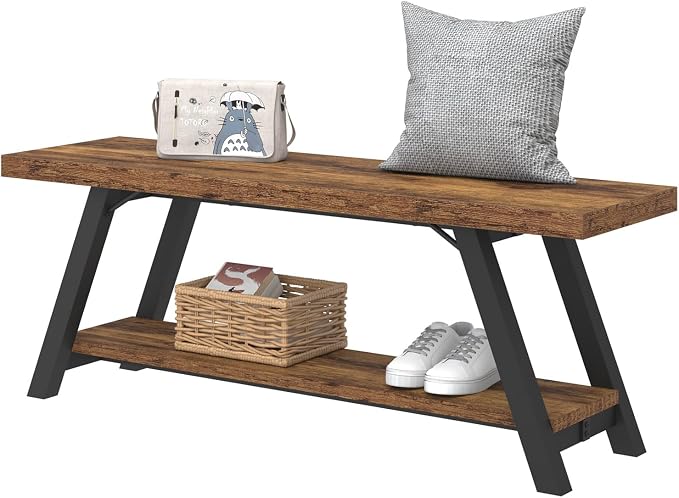 LVB Wood Bench, Industrial Storage Entryway Indoor Bench for Bedroom Hallway Living Room, Rustic Famhouse Wooden Metal Shoe Rack Accent Foyer Bench Seat for Entrance Sitting, Rustic Brown, 47 in Long