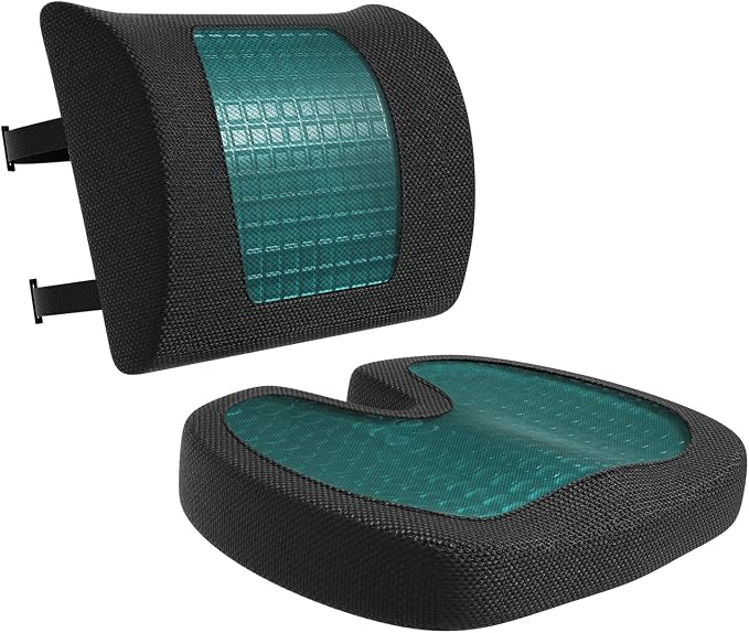 Amazon Basics Comfortable Seat Cushion & Lumbar Support for Office Chairs, Gel Enhanced Memory Foam, Non-Slip, Cooling, Portable, Pack of 2, Rectangular, Black