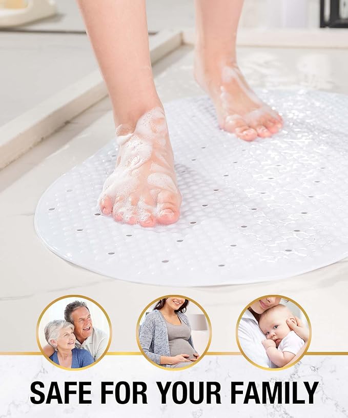 HITSLAM Non Slip Bathtub Mat, 27x15 Inch Bath Mat for Tub with Suction Cups and Drainage Holes, Machine Washable Oval Shower Mat for Kids, Seniors and Daily Use, Phthalate Free PVC, White