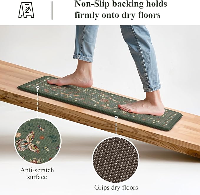 LEEVAN Anti Fatigue Mats for Kitchen Floor Non-Slip, Cushioned Kitchen Mats for Floor 2 Piece, Green Memory Foam Kitchen Mat Set, Waterproof Ergonomic Standing Mat for Bar, Office,Desk, Laundry