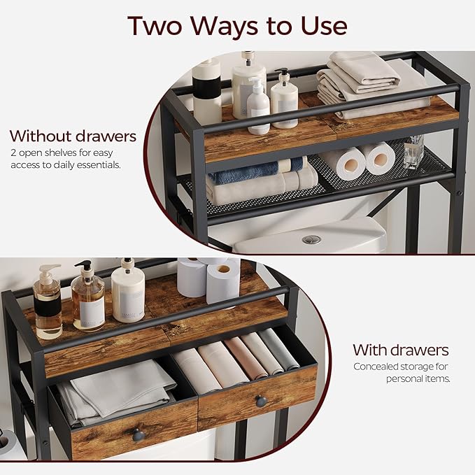 MAHANCRIS Over Toilet Storage, 2-Tier Bathroom Organizer Shelf with 2 Fabric Drawers and Toilet Paper Holder, Freestanding Above Toilet Rack for Small Spaces, Space-Saving, Rustic Brown TSHR1101