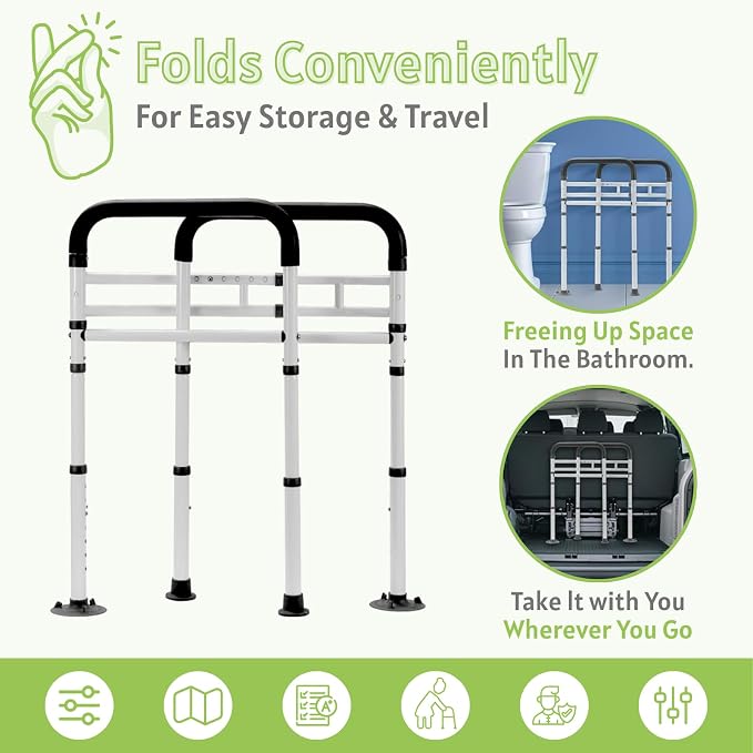 Toilet Safety Rails for Seniors - Adjustable & Foldable Medical Toilet Safety Frame - Heavy Duty Stand Alone Toilet Handles Support for Elderly Disabled & Handicap - Fits Most Toilets (380 lb)