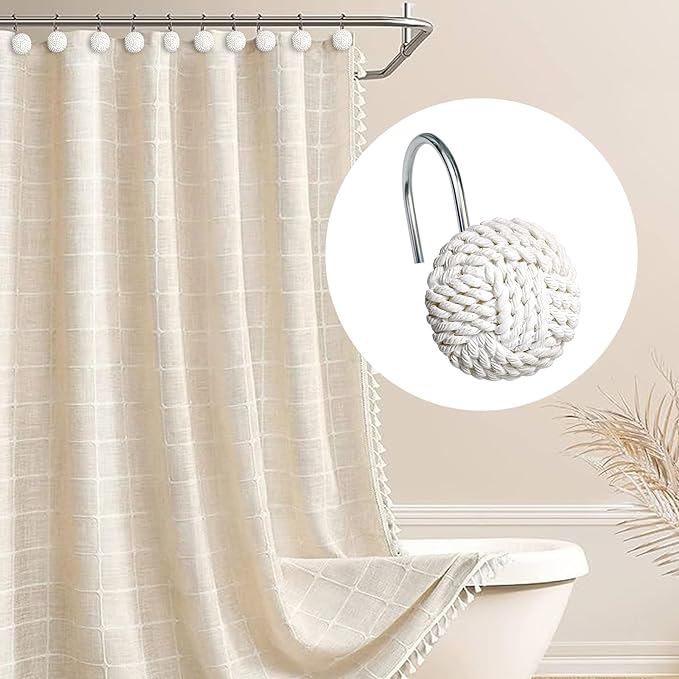 Sunlit Boho Knots Shower Curtain Hooks, Home Decorative White Shower Curtain Rings for Bathroom, Seaside Nautical Shower Curtain Hangers Bathroom Accessories, Set of 12