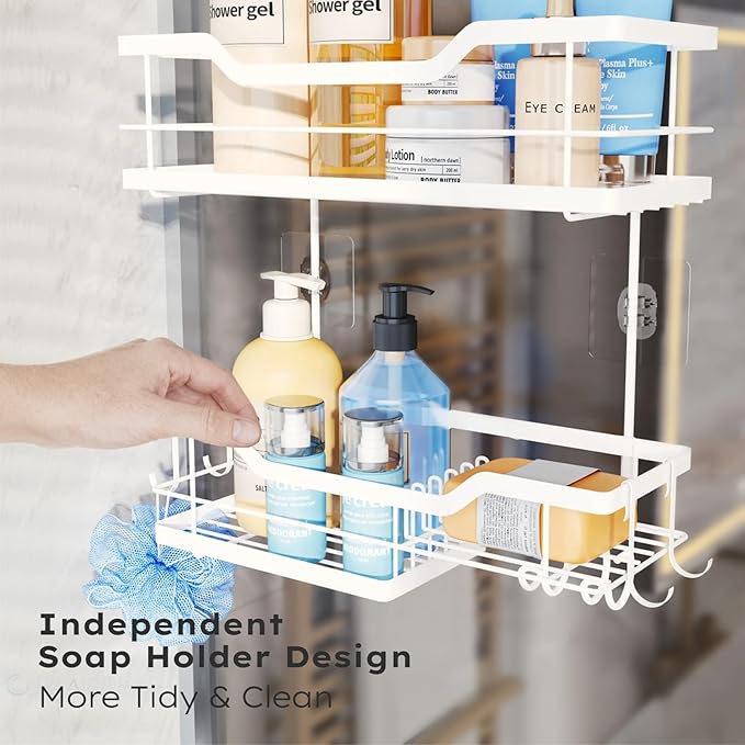 Consumest Over Door Shower Caddy - 2 Tier Shower Shelves Hanging with Soap Holders, Large Capacity Shower Organizer with 4 Hooks, Bathroom Rack and Storage, White