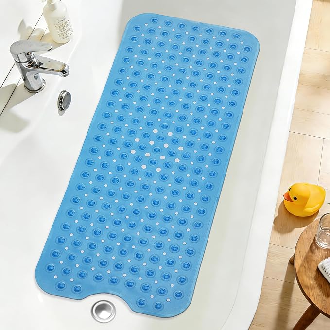 Extra Long Bathtub Mat Non Slip, Clear Blue Soft Bath Mat for Tub 40 x 16 Inch Full Size, Bath Tub Shower Mats for Bathroom Floor, Big Suction Cups and Drain Holes, Easy Washable, BPA Free