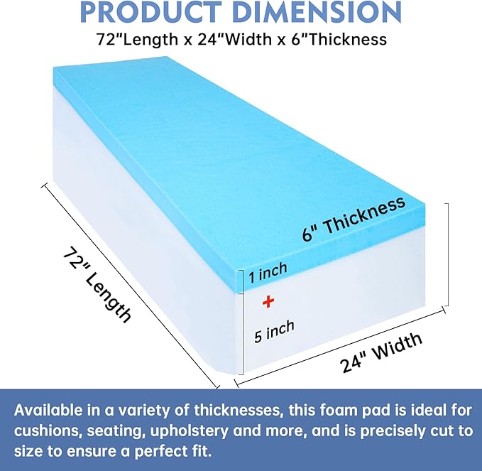 Upholstery Foam, 72" x 24" x 6" High Density Gel Memory Foam Padding Couch Cushion Support, Cut to Size Foam Replacement Pad for Sofa Sag Support