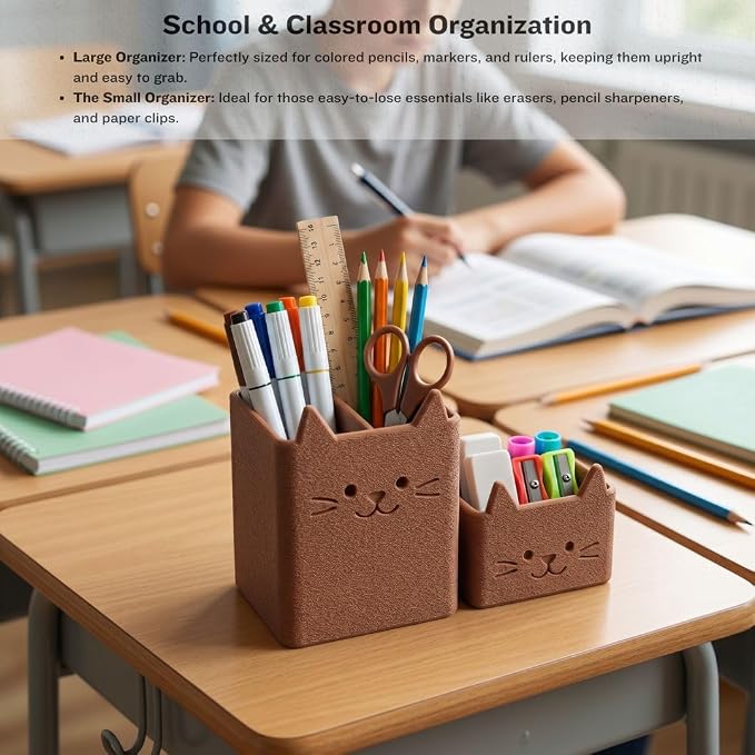 Office Desk Accessories, Set of 2 Pencil Cups, Cute Cat Pen Holder, Cute Desk Decor, Bathroom Organizer, Toothbrush Holders with Drainage, Makeup Brush Organizer, Cat Lover Gifts (Brown)