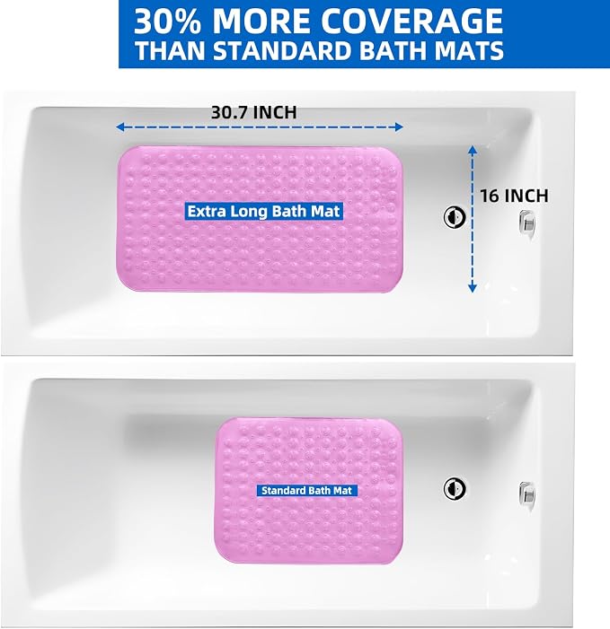 ZHICHENG Bath Mat - Shower Mat Non Slip - Long 31.88 x 15.74 Inch Bathroom Mats for Tub Nonslip - Anti Slip Bathmats - Bathtub Mat Non Slip with Massage Particles (Transparent Pink)
