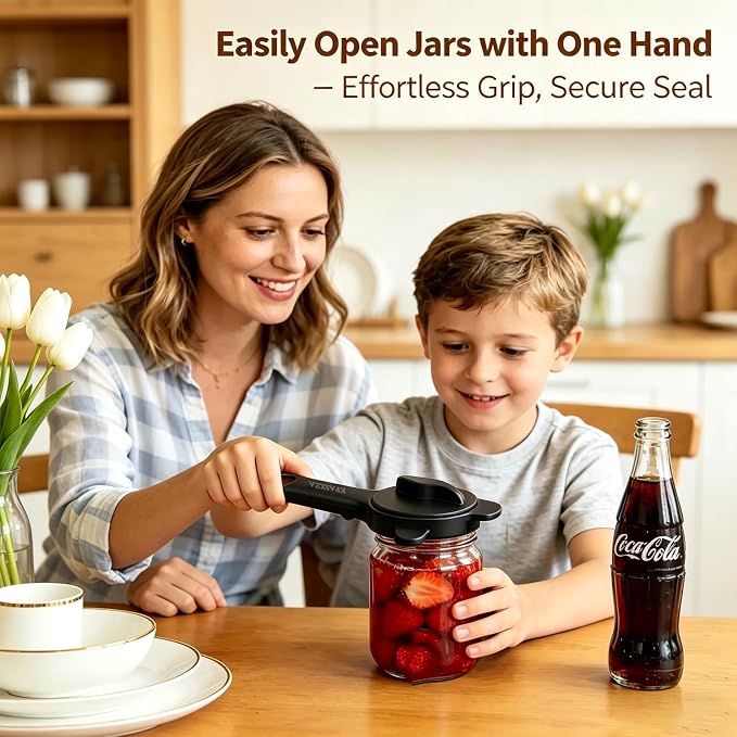 Jar Opener for Weak Hands,4 in 1 Multi-Purpose Jar Openers,Adjustable Jar Opener,Multi-Functional Bottle Openers with Non-Slip Grip for Wine Bottle,Perfect for Arthritis and Weak Hands (Black)