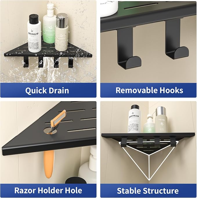 Corner Shower Shelf w/Hooks, Grout in Bathroom Shelves for Tiled Wall, 304 Stainless Steel Recessed Shower Shelf (Matte Black, 10''-2pcs)