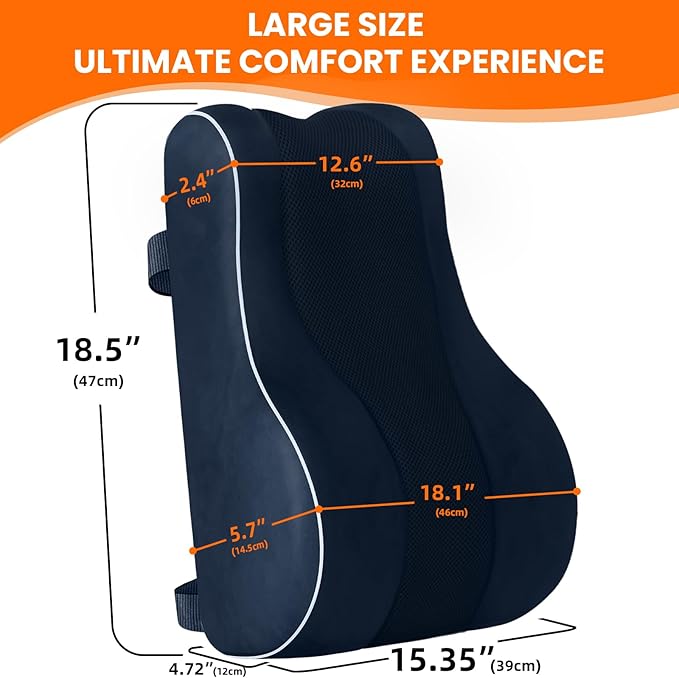 CloudBliss Ergonomic Lumbar Support Pillow Seat Cuhsion - Memory Foam for Lower Back Pain Relief, Adjustable Straps & Mesh Cover for Office, Gaming, Car Seat (XL, Blue)