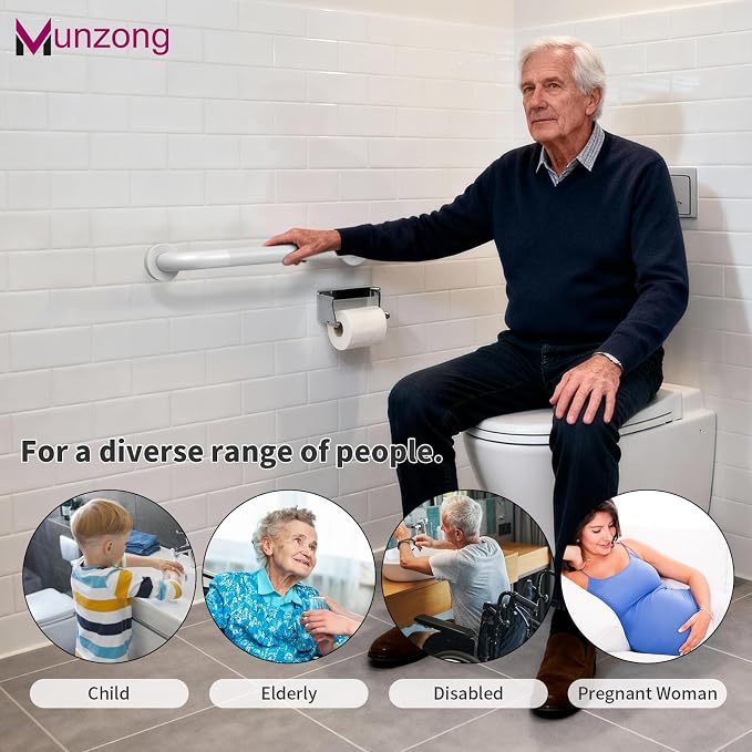 3 Pack Anti Slip Shower Grab Bar Bundle, Munzong 12" 16" 16" White Bathroom Grab Bar, Stainless Steel Handicap Balance Bar,Safety Hand Rail for Commercial Elderly Injury Senior Assist Bath Handle
