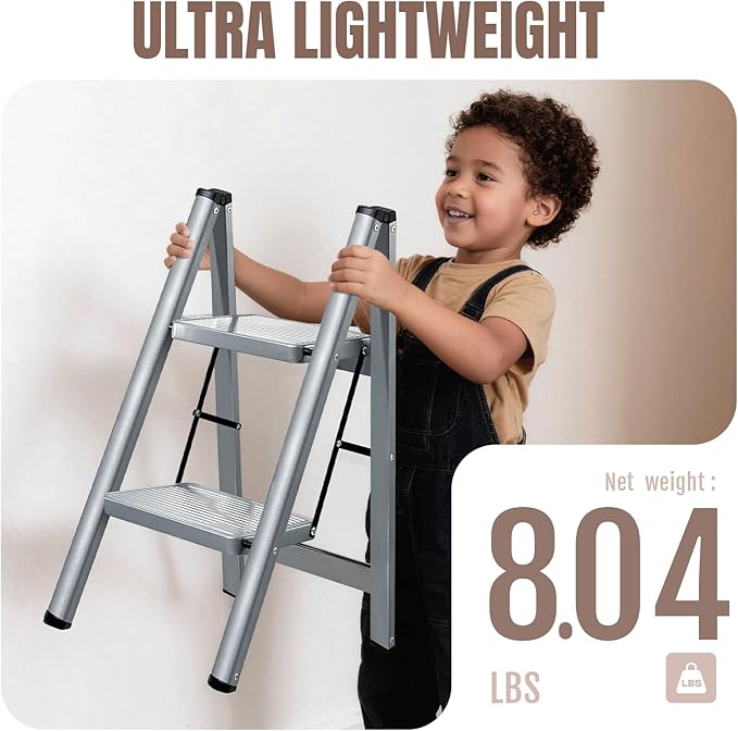 XinSunho 2 Step Ladder, Folding Step Stool with Anti-Slip Wide Pedal, Portable Sturdy Steel Ladder 2 Steps, 330lbs Safety Kitchen & Household Ladder