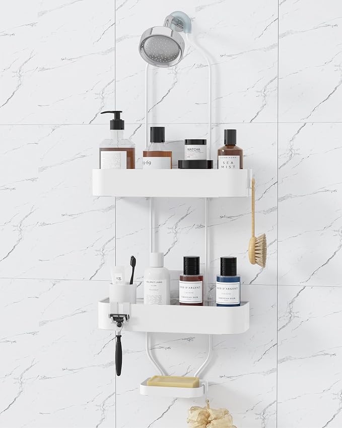 Kitsure Shower Caddy Hanging - No-Drill Bathroom Organizers and Storage, Wobble-Free Bathroom Shelves with Adhesive Tapes, Rust-Proof Shower Storage for Toiletries, White, 28.5" H