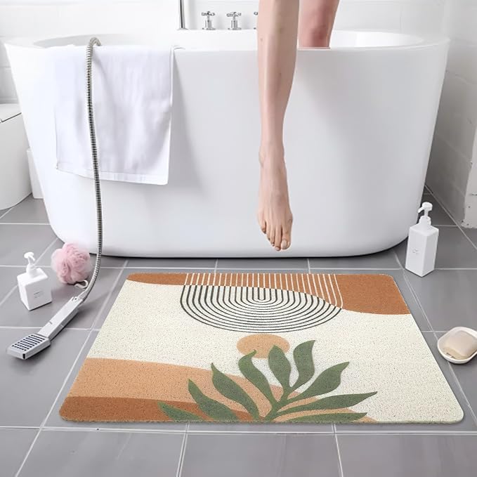 Square Shower Mat Non Slip, Boho Bathmat Quick Drying Easy Cleaning Shower Matt, Tropical Leaves Bath Mats for Bathroom Decor Textured Surface Loofah Shower Foot Scrubber Mat, 24″X24″